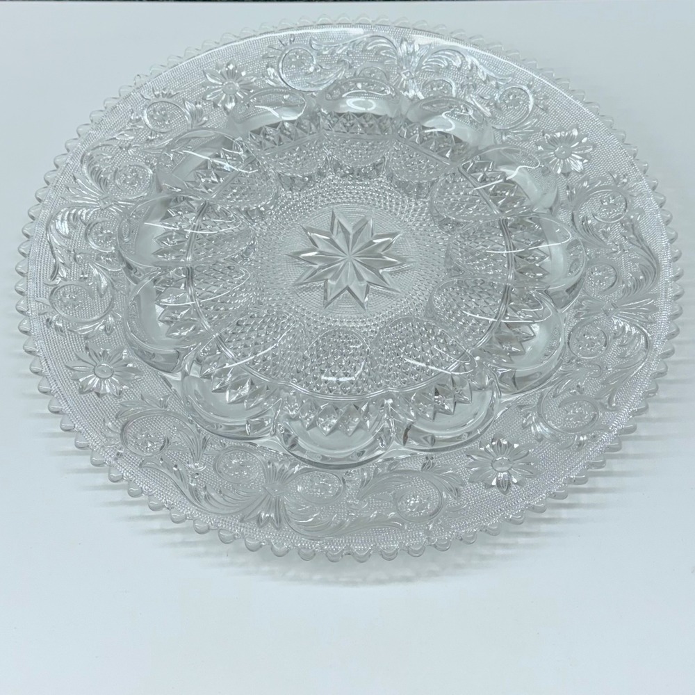 Vintage Clear Pressed Glass Deviled Egg Plate 12 Well Floral Starburst Round 11"